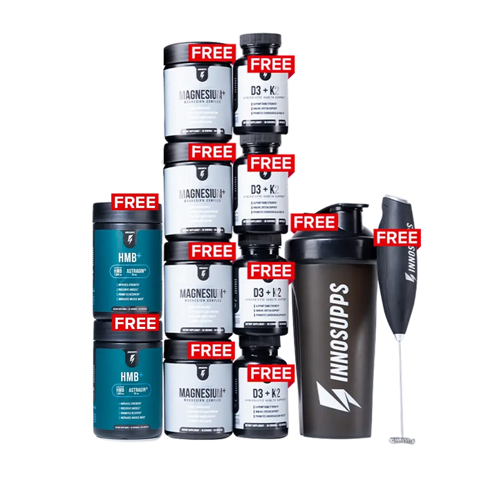 2 HMB+, 4 Bottles of Magnesium+, 4 Bottles of D3 + K2, Shaker & Frother Special Offer